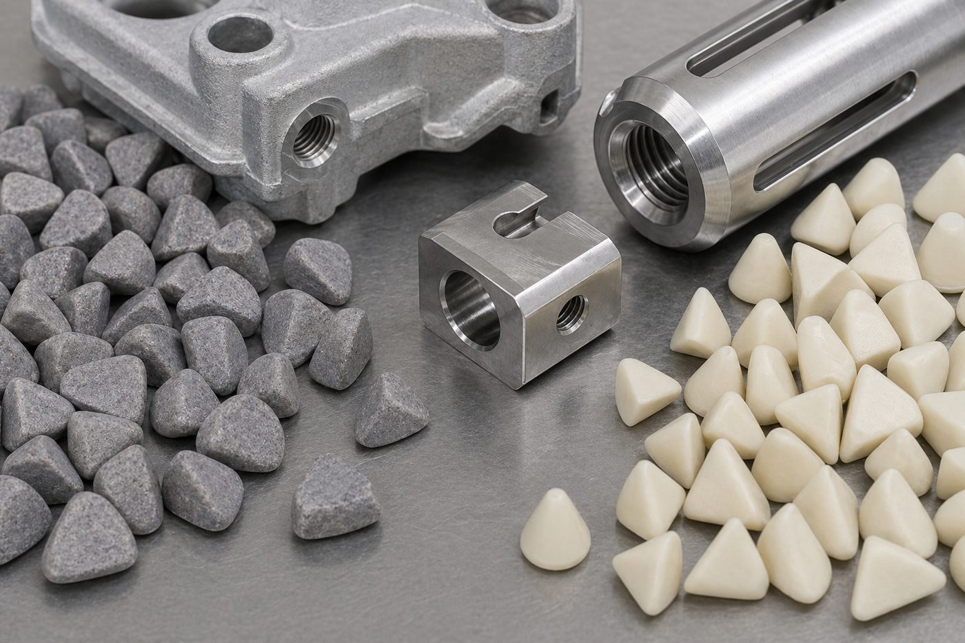 Close-up comparison of ceramic tumbling media and plastic tumbling media with machined metal parts